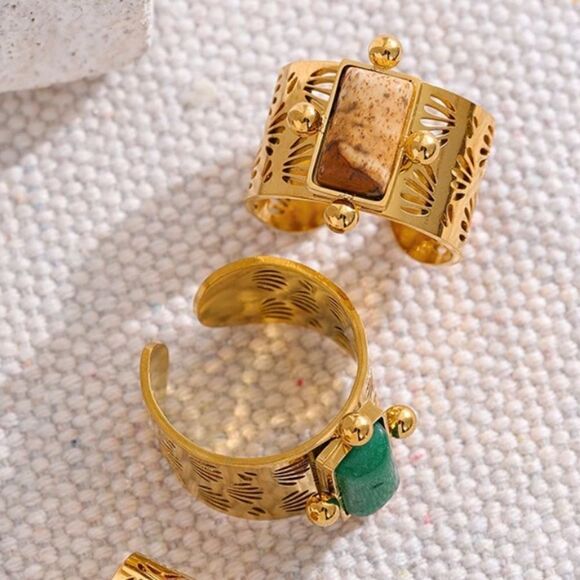 #27 Retro 18k Gold Pated Agate Stone Ring - Picture 1 of 10